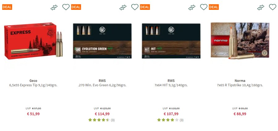 Gute Jagd- und Sportmunition ist Ihnen zu teuer? FRANKONIA hat die Lösung: Munition gibt’s jetzt im Onlineshop und in den Filialen zu Tiefpreisen. Screenshot mit Beispielen für Jagdpatronen aus dem Tiefpreisangebot von FRANKONIA.