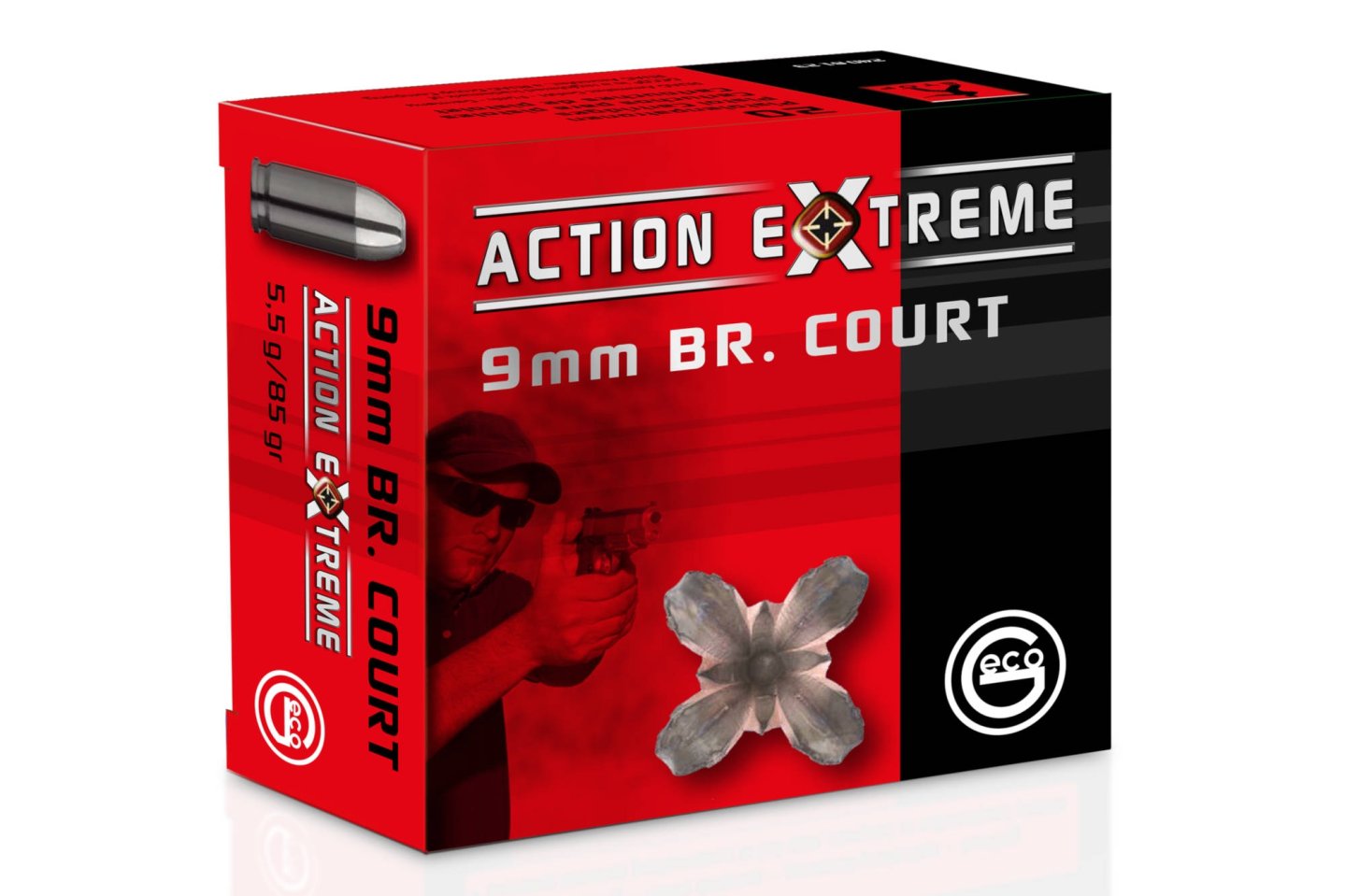 GECO ACTION EXTREME – Kurzwaffenmunition mit unerreichter zielballistischer Wirkung Verpackung der GECO ACTION EXTREME in 9 mm kurz