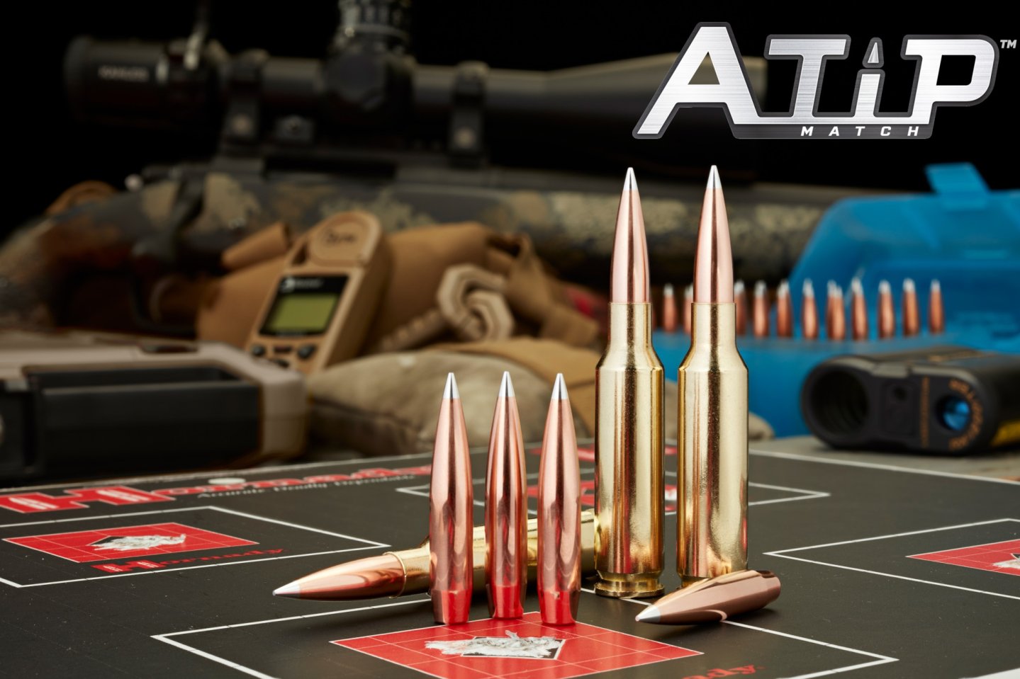 Brandneue Hornady A-TIP Matchgeschosse Patronen und Geschosse vom HORNADY A-TIP, mit Herstellerlogo.