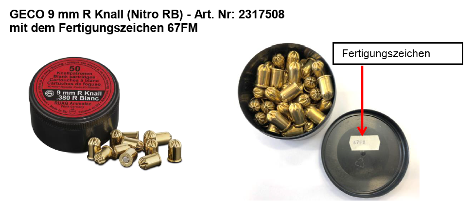 geco: Rückruf von GECO 9 mm R Knall (Nitro RB) – Munition mit dem Fertigungszeichen 67FM