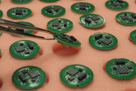 Wie entsteht ein MINOX Zielfernrohr? Ein elektronisches Bauteil des Minox ZP Zielfernrohrs wird mit einer Pinzette entnommen.