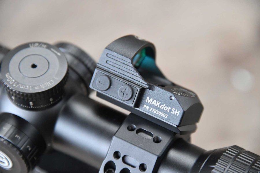 MAKpromont Montage und MAKdot SH Rotpunkt: Kombination für AR-Büchsen mit Zielfernrohren Bedienelemente des MAKdot SH Mini-Reflex-Rotpunktvisiers