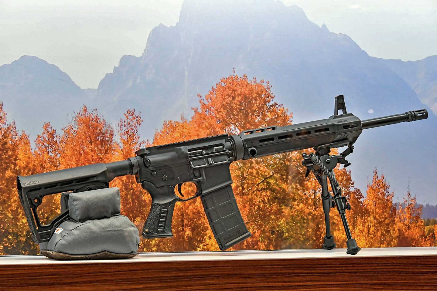 caliber 3/2017 Savage Arms MSR 10/15 in linker Seitenansicht auf dem Messestand.