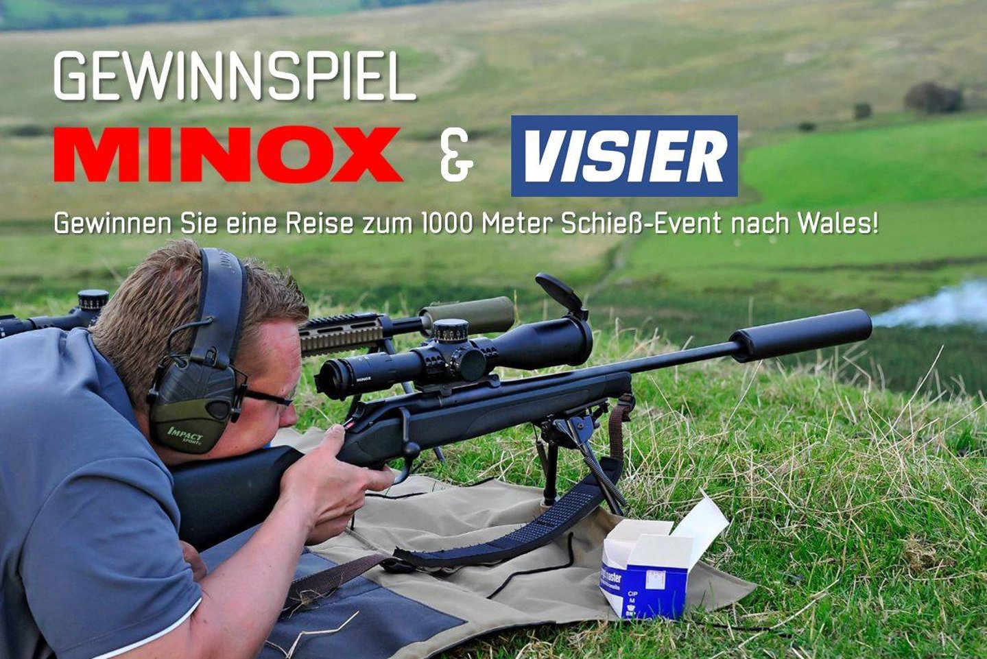 MINOX und VISIER verlosen einen Tripp zum Schieß-Event nach Wales. Zu sehen ist ein Schütze, am Boden liegend, der gerade ein Gewehr abfeuert.