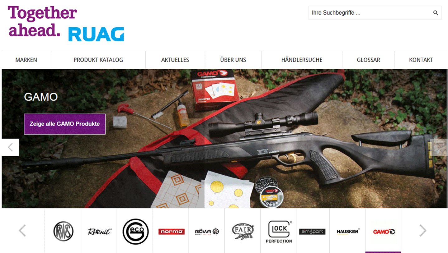 Startseiten-Ausschnitt Webseite RUAG Ammotec Deutschland
