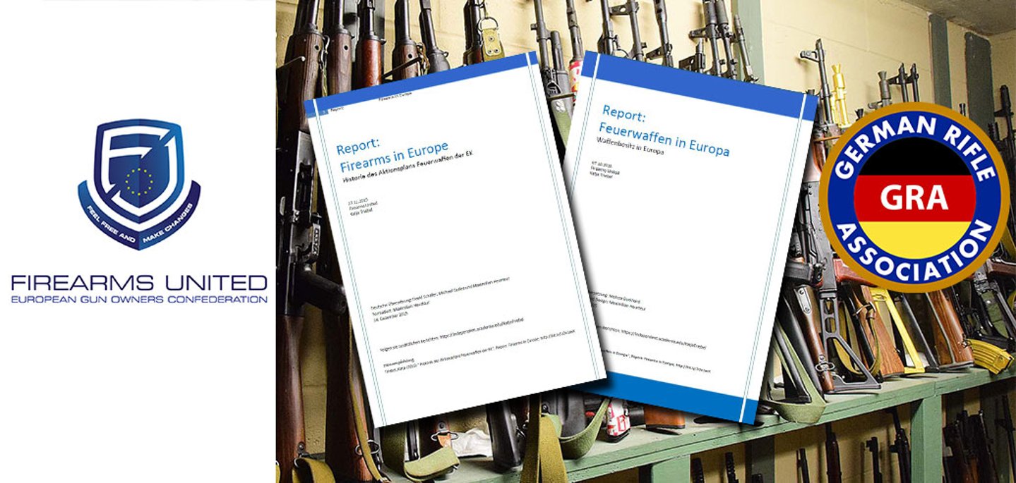 Report: Feuerwaffen in Europa Zwei Logos und zwei Reports vor Waffen