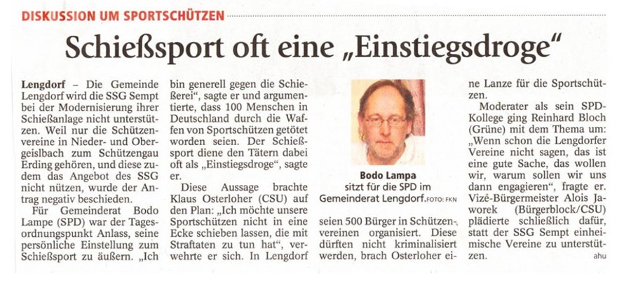 SPD Gemeinderat Bodo Lampe bezeichnet Schießsport als “Einstiegsdroge” für Gewalttäter SPD Gemeinderat Bodo Lampe bezeichnet Schießsport als “Einstiegsdroge” für Gewalttäter