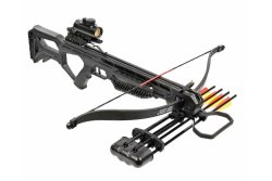 Ausrüstung fürs Armbrustschießen – Armbrustsport mit 4komma5 Recurve-Armbrust Man Kung Hawk XB25 mit integrierter Metallfußschlaufe und Anbauköcher inklusive 4 Bolzen.