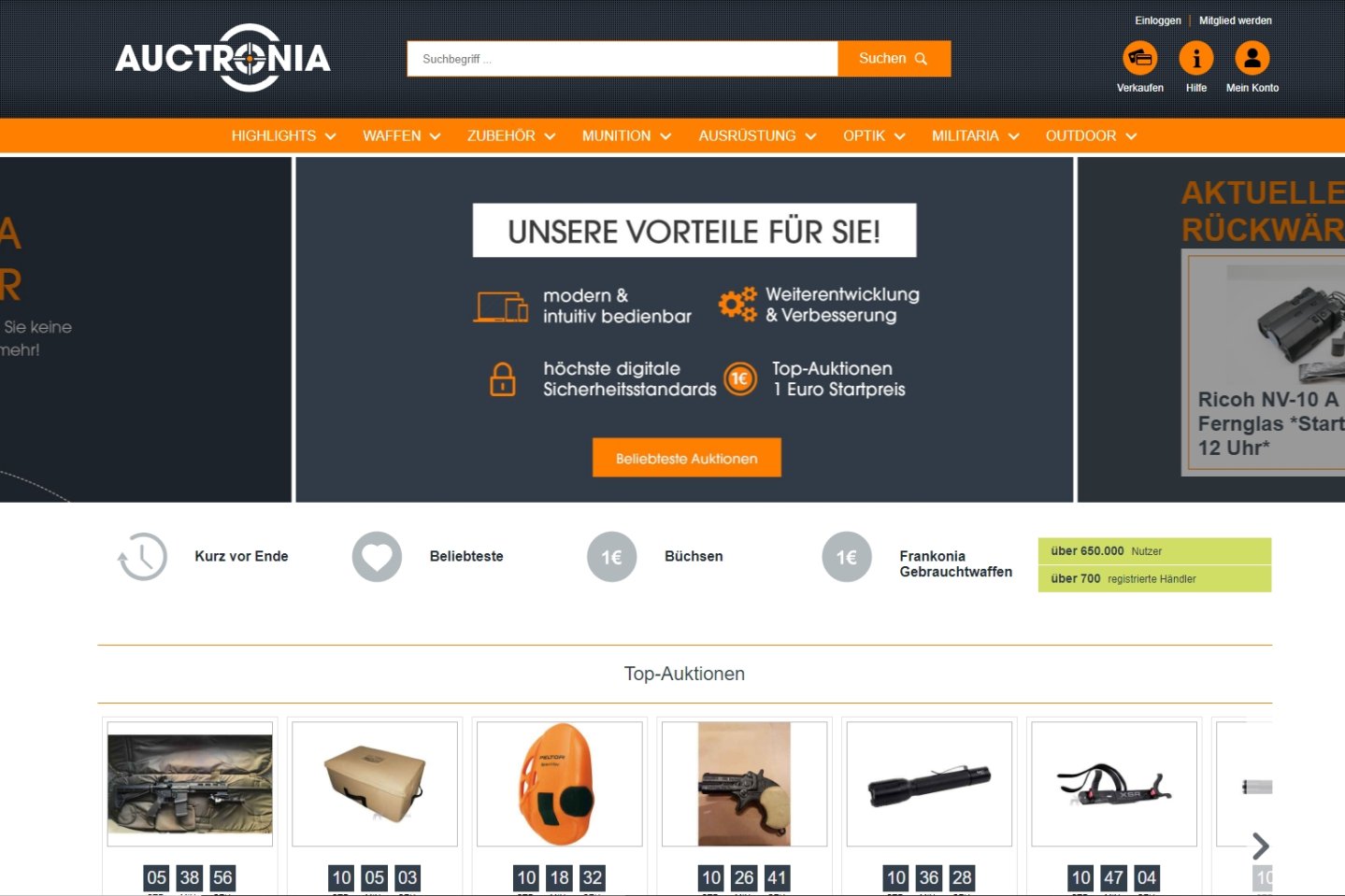 Vorstellung Auktionsplattform: Waffen online kaufen bei Auctronia von Frankonia Startseite von Auctronia