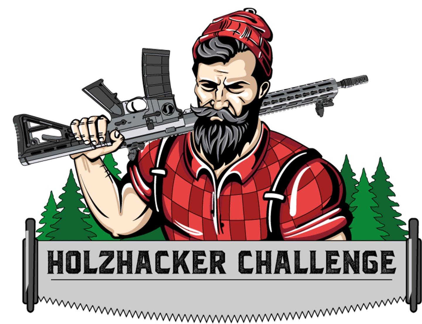 Schmeisser Holzhacker Challenge Das Logo der Holzhacker Challenge. Ein gezeichneter, bärtiger Holzfäller mit Schmeisser AR-15.