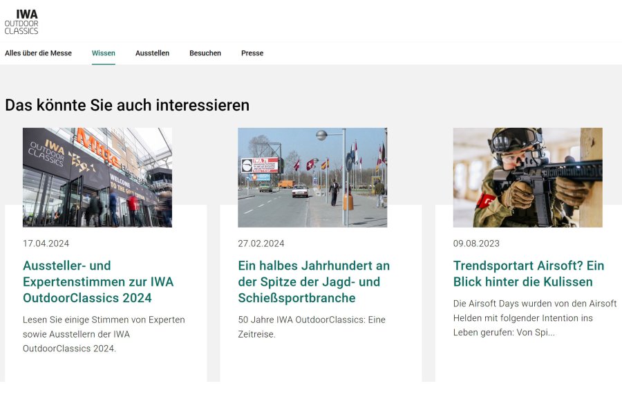 IWA OutdoorClassics: Webseiten-Relaunch bringt zahlreiche Vorteile für Besucher und Aussteller Screenshot vom neuen Bereich Wissen auf der überarbeiteten IWA-Webseite.