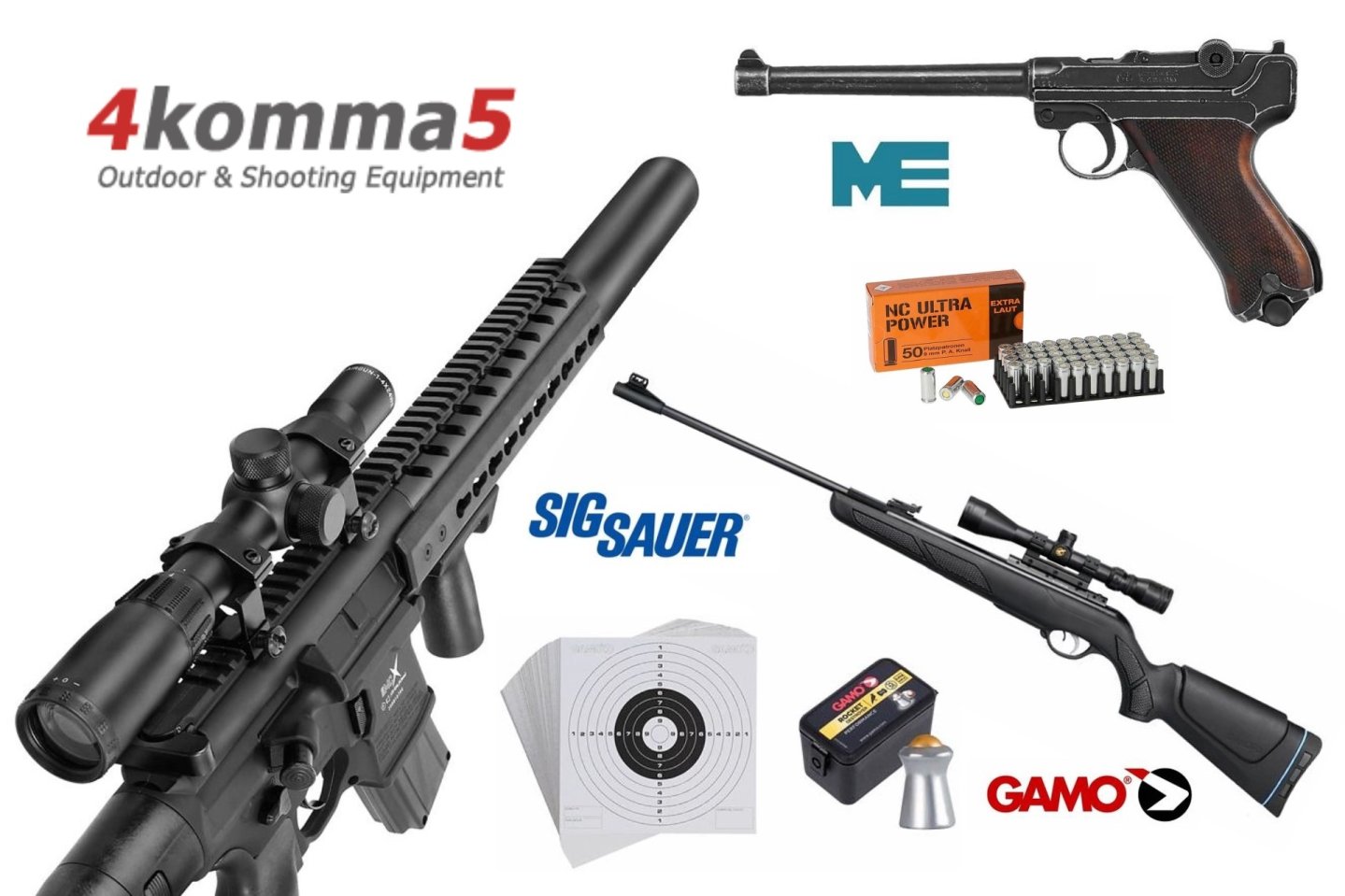 Neue Angebote bei 4Komma5: Schreckschuss-, Druckluft- und CO2-Waffen von SIG Sauer, Melcher und GAMO SIG Sauer MCX CO2-Gewehr in Kaliber 4,5 mm, Schreckschusspistole ME P04 in Kaliber 9 mm P.A.K., Luftgewehr GAMO SHADOW IGT in Kaliber 4,5 mm