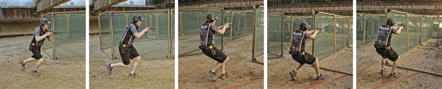 Dynamisches Kurzwaffenschießen und IPSC-Schießtechniken: der Positionswechsel Bildabfolge mit einem Schützen beim Positionswechsel und einnehmen der Schießposition beim dynamischen Pistolenschießen.
