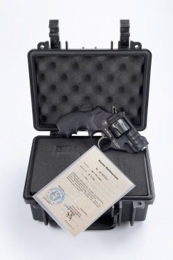 Übersicht Schreckschusswaffen: Gaswaffen in der Praxis und Kleiner Waffenschein Schreckschussversion des Korth Sky Marshal im Koffer. Darauf Kleiner Waffenschein.