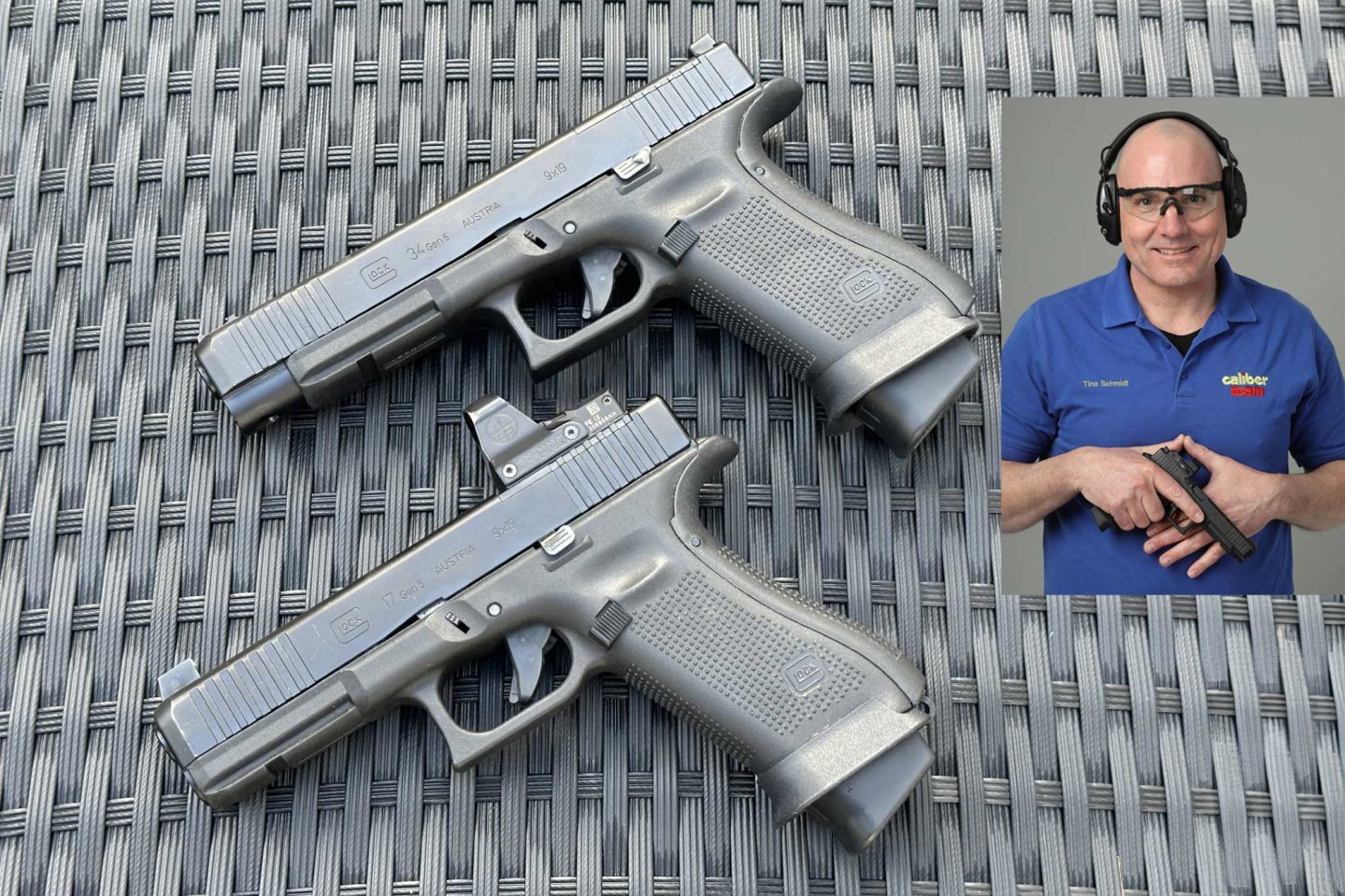 Die GLOCK-Pistolen, die Tino Schmidt bei der Steel DM Challenge 2023 einsetzte und ein Portrait von ihm.