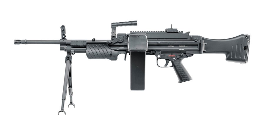 Neu von Umarex: Luftdruck-, Airsoft- und Schreckschuss – freie Waffen für 2021 Airsoft Heckler & Koch MG4 von Umarex komplett von links.