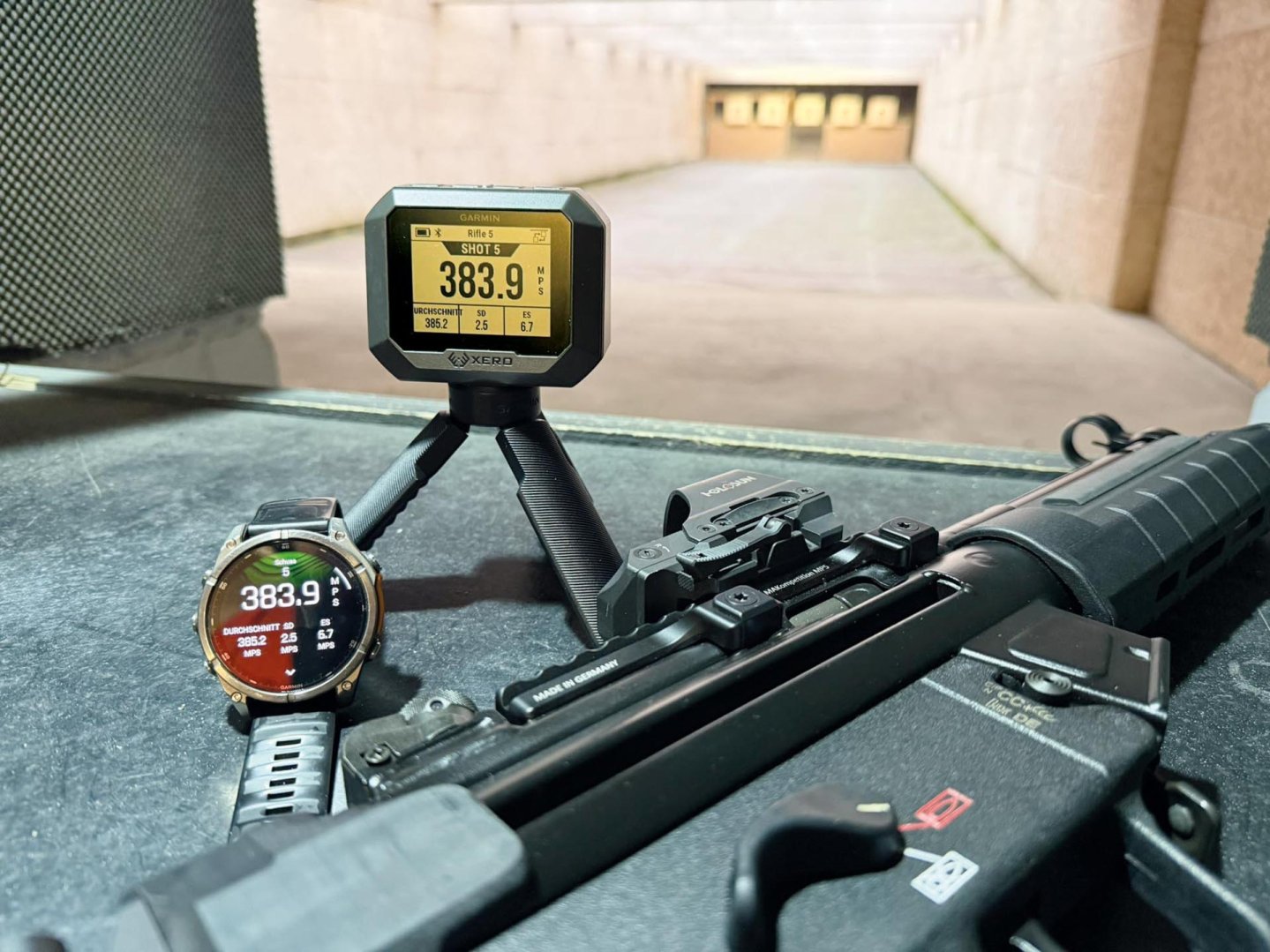 Garmin Xero C2 einsatzbereit auf dem Schießstand.