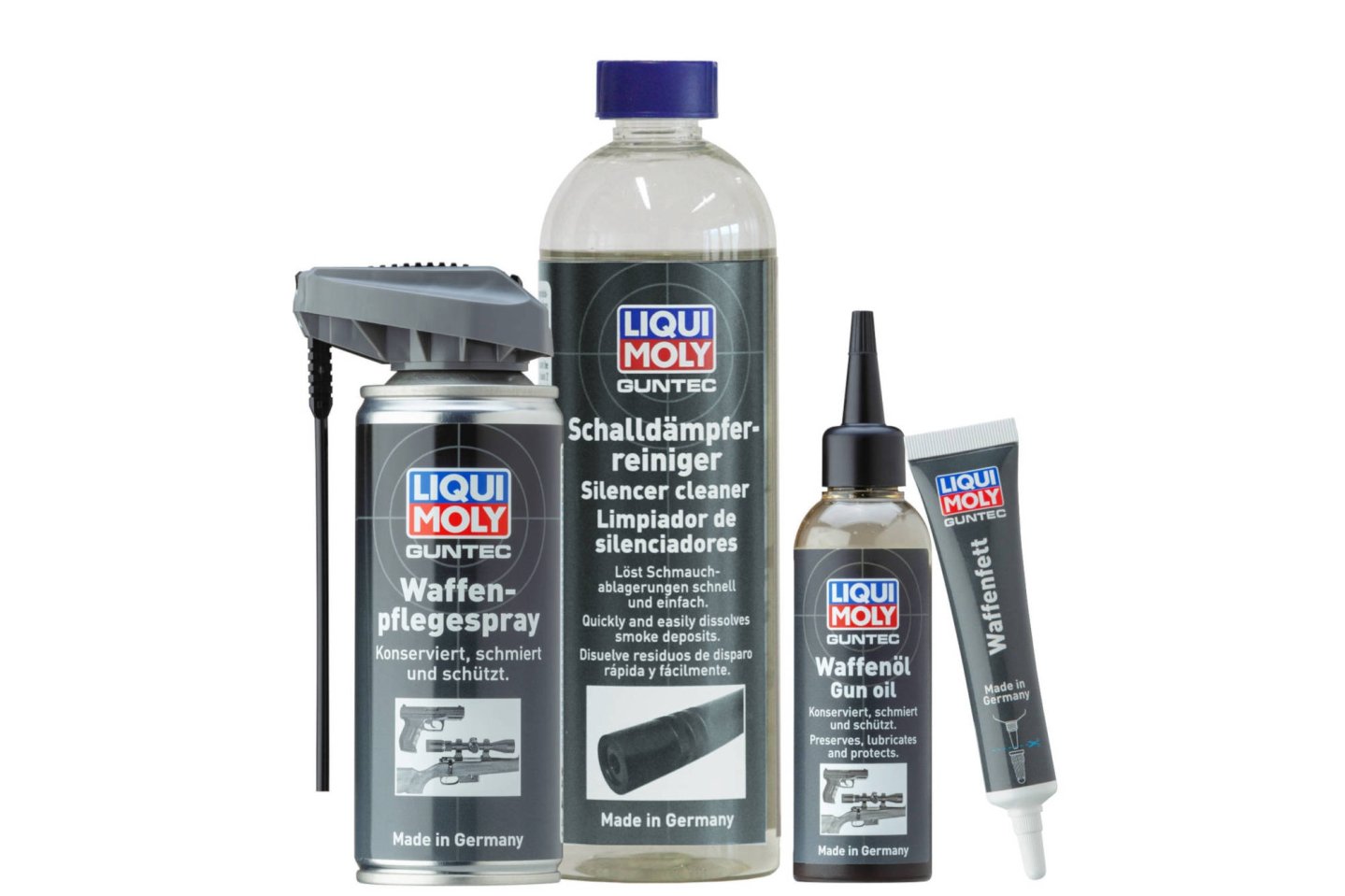 Liqui Moly Guntec – das modernisierte Waffenpflegeprogramm "Made in Germany" Liqui Moly Guntec-Reihe (v.l.) Waffenpflegespray, Schalldämpferreiniger, Waffenöl und Waffenfett