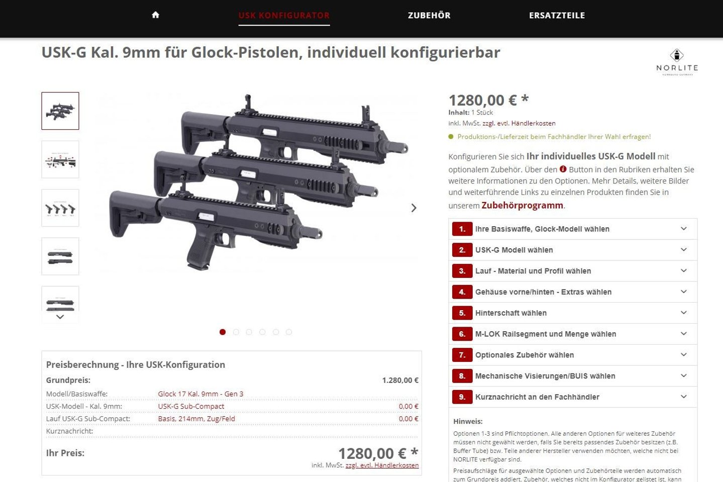 Norlite-Konfigurator für GLOCK-Wechselsystem USK-G online Screenshot des Norlite USK-G-Konfigurators