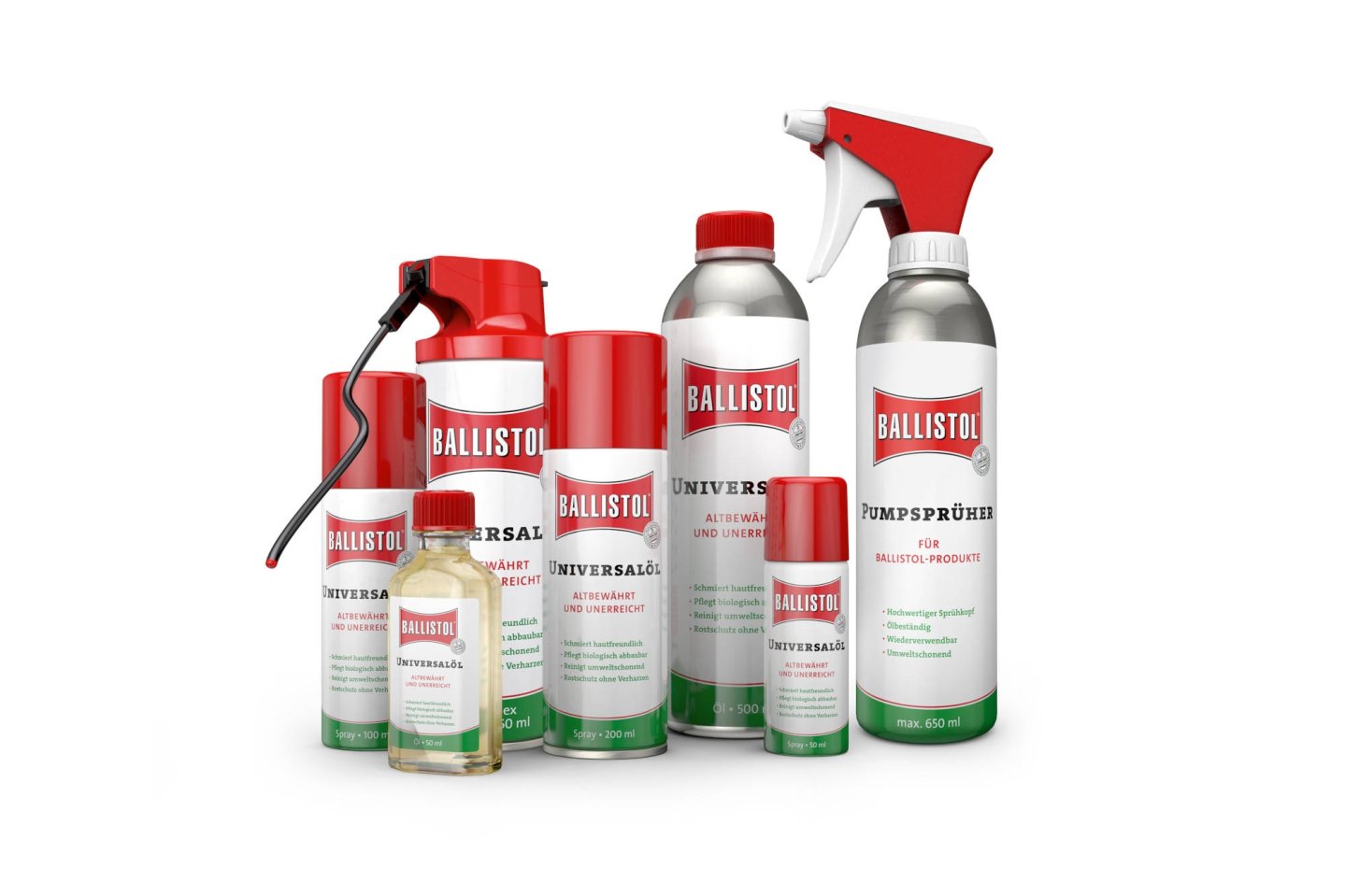 Verschiedene Dosen und Flaschen des BALLISTOL Universalöls.