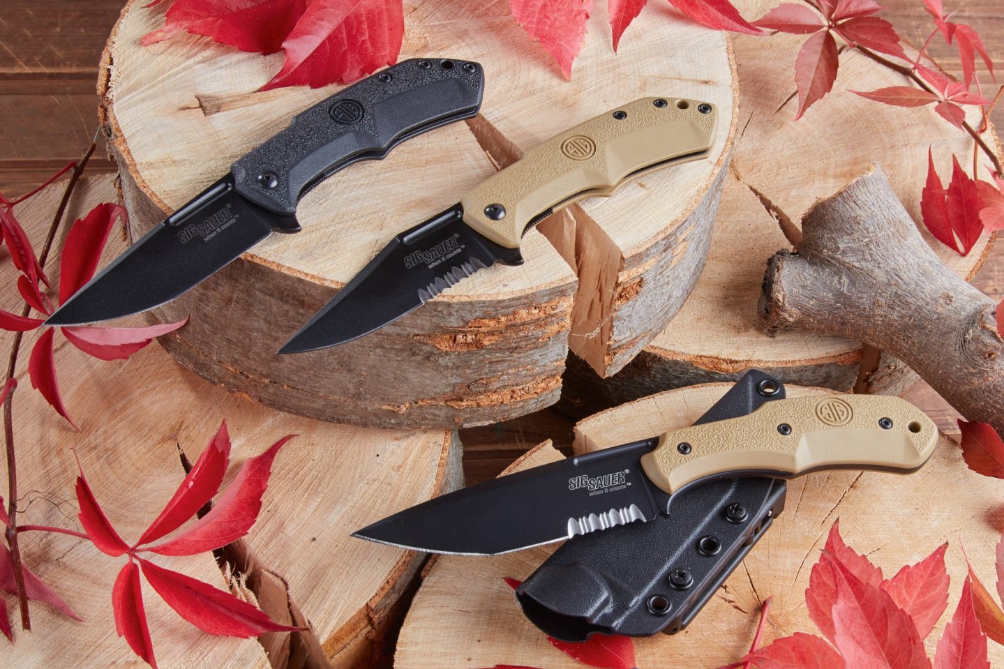 Test: SIG Sauer M1 und M3 − wie gut sind die neuen Einsatz- und Outdoor-Messer? 3 Messer auf Baumscheiben