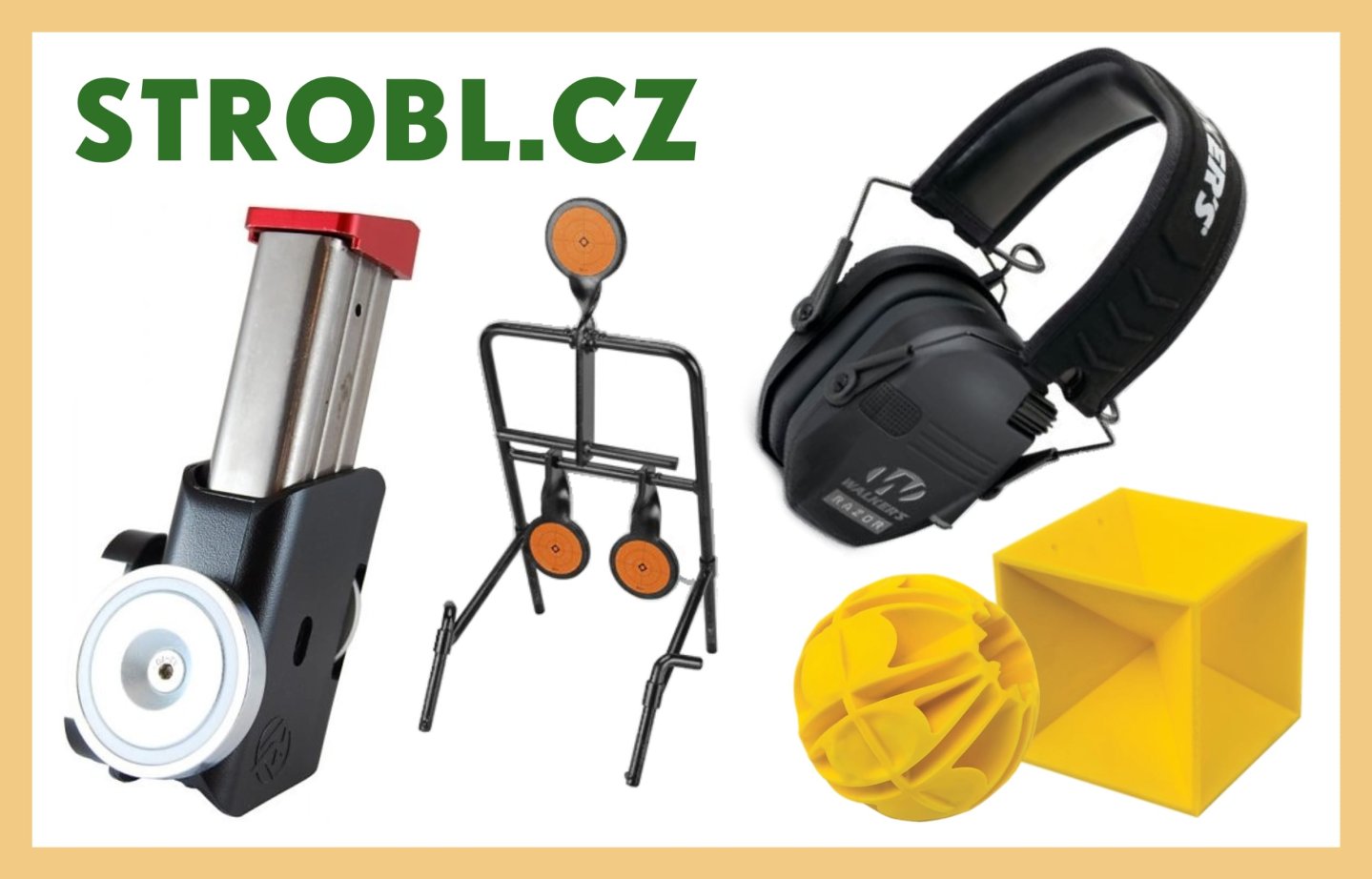 Collage der Angebote fuer Sportschuetzen des STROBL.CZ Online-Shop Racer Magazintasche, Caldwell Trainingsziele und Walker's elektronischer Gehoerschutz Razor Slim 