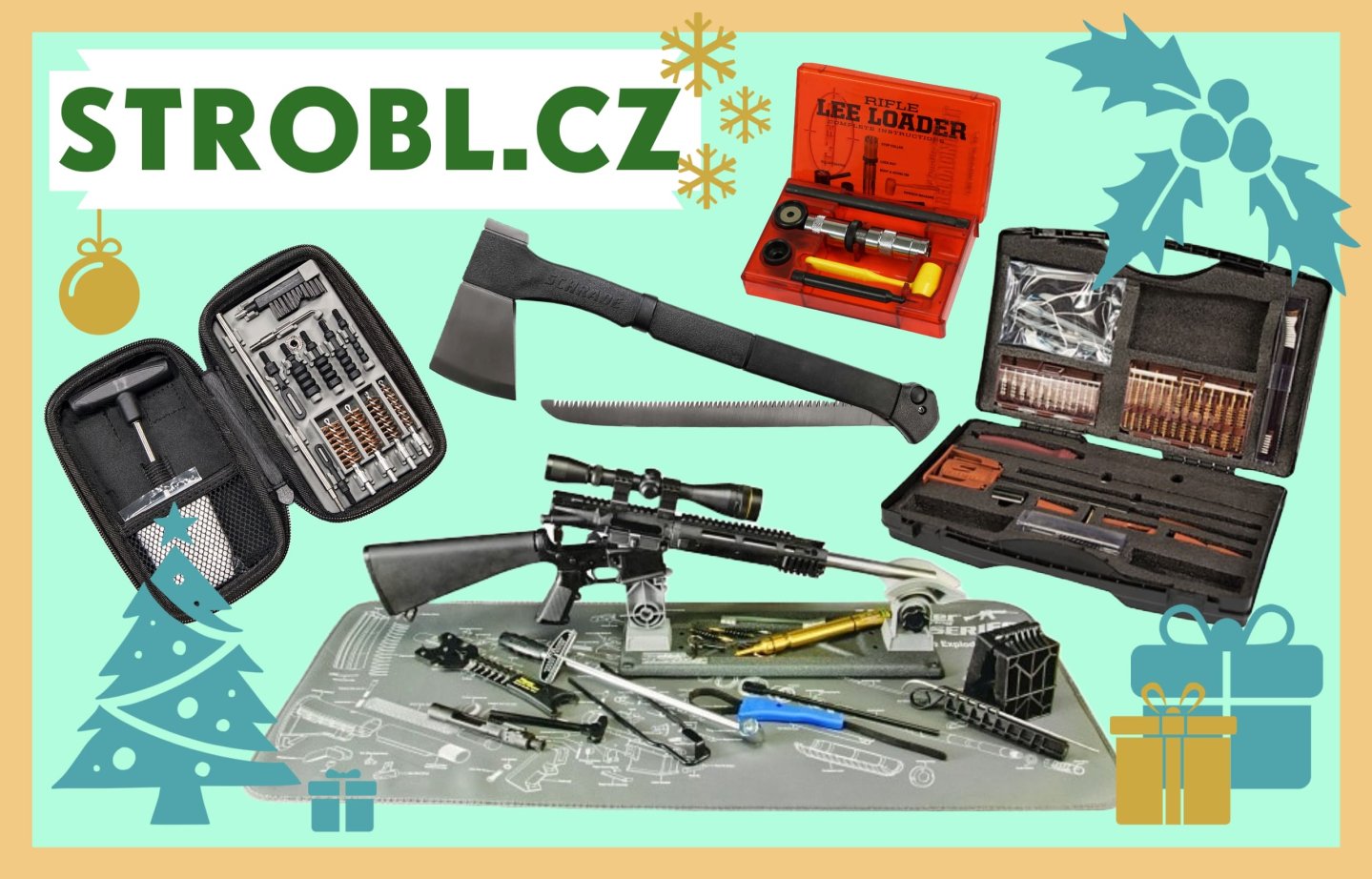 Online-Angebote bei STROBL.CZ: Günstiges Zubehör und Geschenkideen für Sportschützen, Jäger und Outdoorfans STROBL.CZ Aufmacherbild zu Geschenke Ideen fuer Weihnachten mit Reinigungssets Compact Pistol Cleaning Kit, Ultra Cleaning Kit von Tipton, Wheeler Delta Series AR-15 Armorer's Professional Kit, Lee Loader Wiederladewerkzeug und Schrade Kombi-Axt
