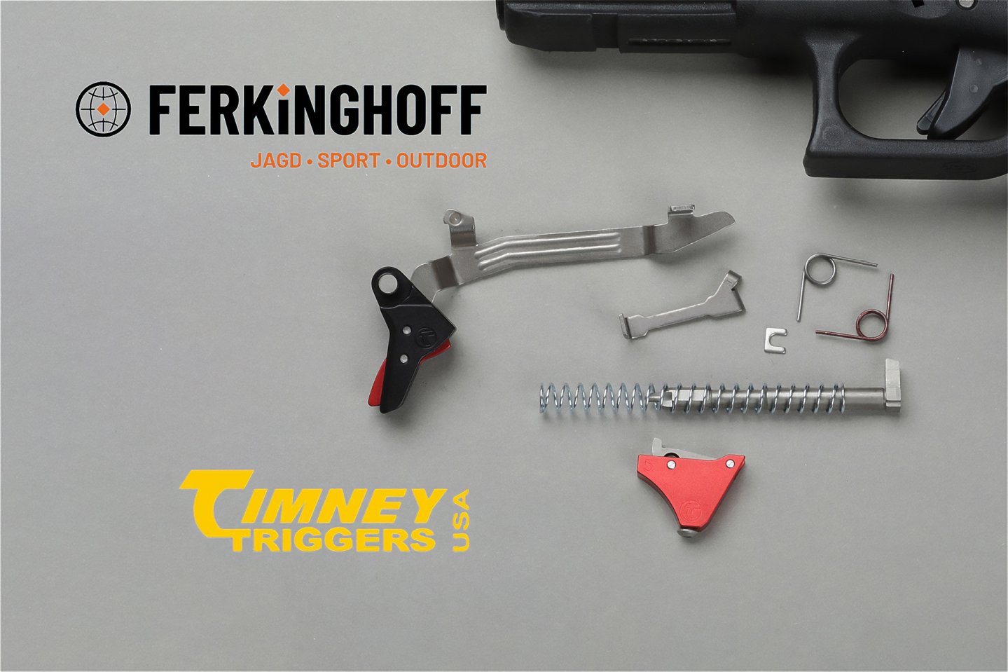 Timney launcht neues Ultimate Builder's Kit (UBK) – Ferkinghoff International bringt es nach Deutschland Timney Triggers Ultimate Builder's Kit mit allen Teilen und den Logos von Hersteller und Ferkinghoff International.