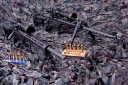 caliber 5/2016 Savage Arms Gewehre mit Munition auf Steinen.