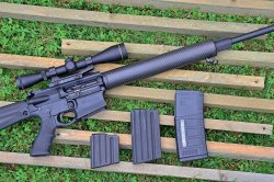 caliber 10/2016 DPMS G2 Hunter mit drei unterschiedlich großen Magazinen auf Holzbrettern auf einem Rasen.