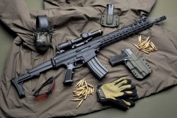 caliber 4/2017 Robinson Armament XCR-L auf Arc’teryx LEAF Cold WX Hoody LT-Jacke mit elektronischem 3M Peltor Sporttac-Kapselgehörschützer, ballistischer Oakley M-Frame 2.0 PRIZM-Schießsportbrille, Mechanix-Handschuhe, Kaluban Cloak Custom Kydex Holster und Magazintasche für SIG Sauer P226.