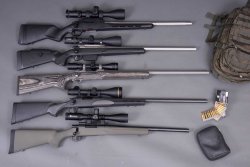 caliber 7+8/2017 Fünf Varmint-Gewehre in .223 Remington übereinander auf grauem Hintergrund.