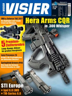 VISIER 4/2017 Die Titelseite der VISIER 4/2017 mit den 5 Premium-Zielfernrohren, der Hera Arms The 15th mit CQR-Anbauteilen und den STI Europe-Pistolen.