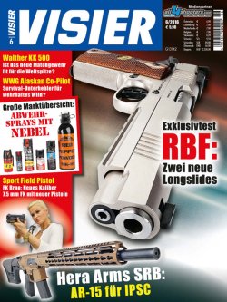 VISIER 6/2016 Titelbild der VISIER 6/2016 mit großen Bildern der RBF Super Match MK V und der Hera Arms SRB sowie einigen Abwehrsprays mit Sprühnebel.