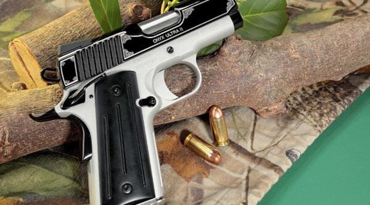 Kimber Onyx Ultra II in rechter Seitenansicht angelehnt an einen Ast.
