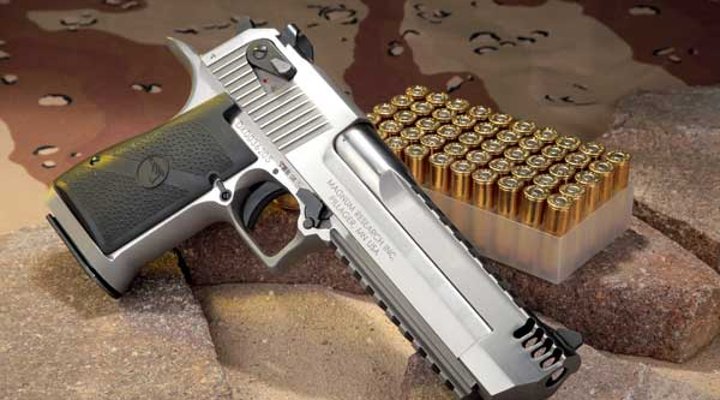 Magnum Research Desert Eagle XIX 6" IMB in .44 Magnum in linker Seitenansicht auf Steinen mit Munition.