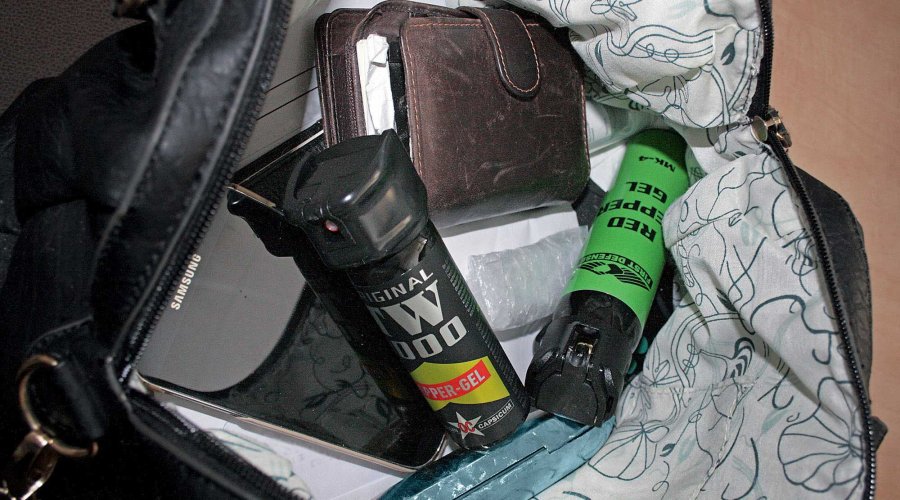 VISIER Special 85 "Selbstschutz & Sicherheit" Zwei Abwehrsprays zwischen Handy und Geldbörse in einer Handtasche.