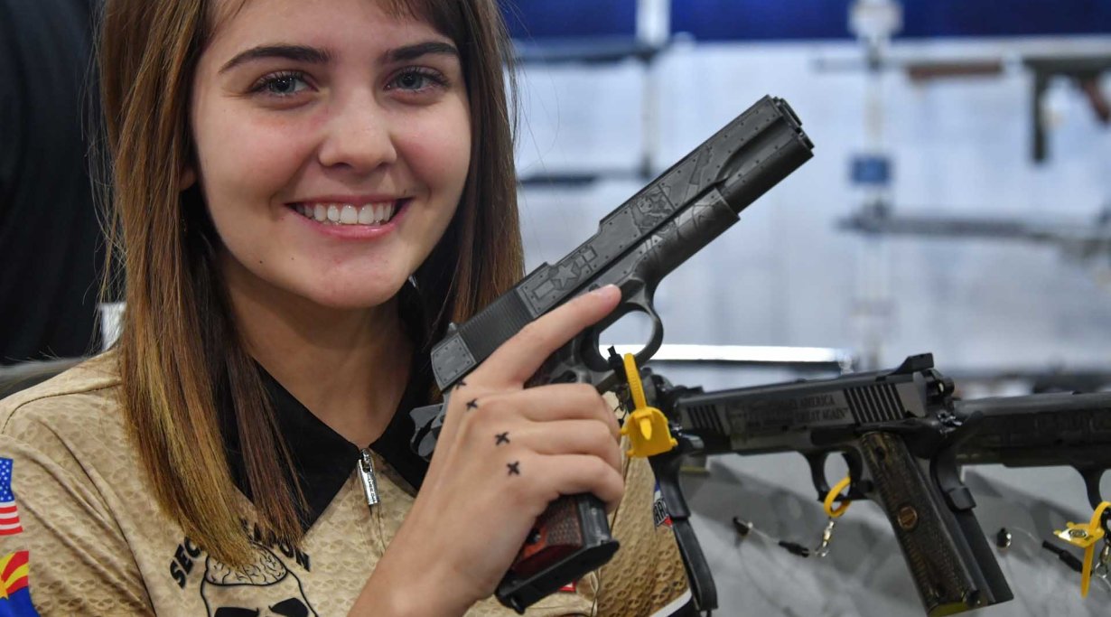 Young girl prodigy Danyela D'Angelo with Auto Ordnance WWII themed “Victory Girls” 1911