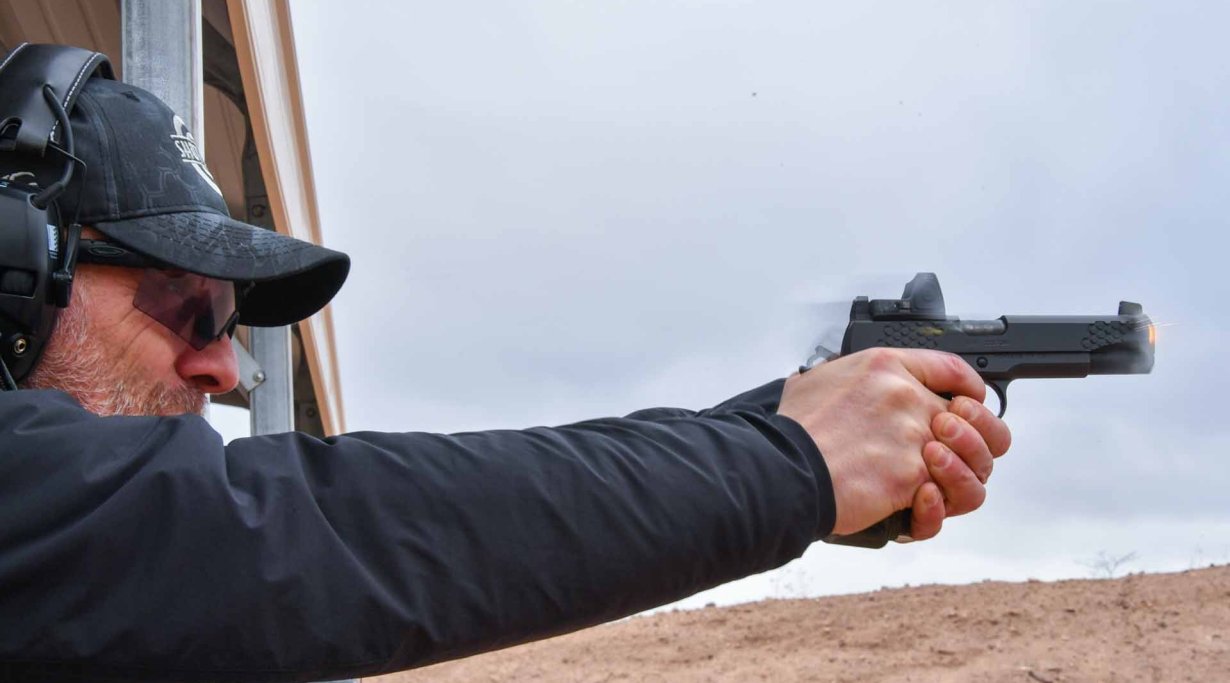 All4shooters.com editor Stefan Perey shooting the KIMBER KHX at Industry Day at the Range.