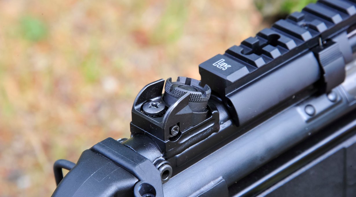 Rear sight on a Heckler & Koch SP5K semi-automatic pistol