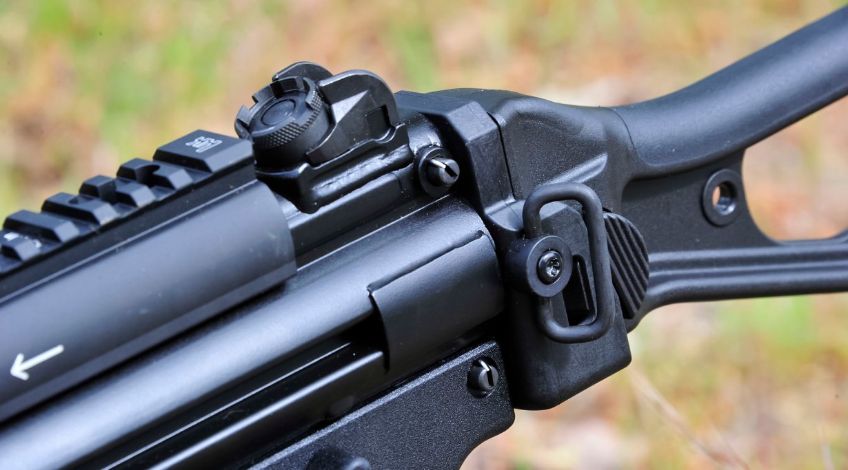 Rear sight and sling ring on a Heckler & Koch SP5K semi-automatic pistol