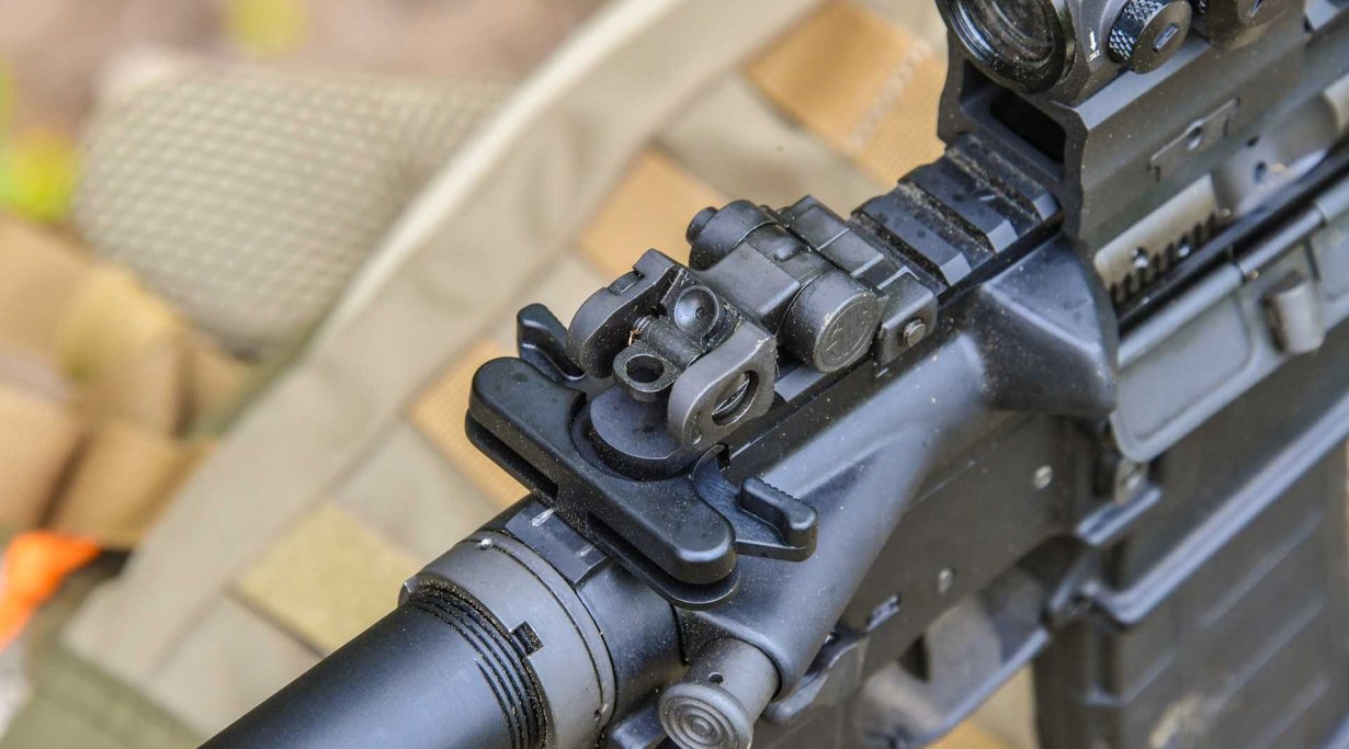 The flip-up rear iron sights of SIG Sauer M400 TREAD