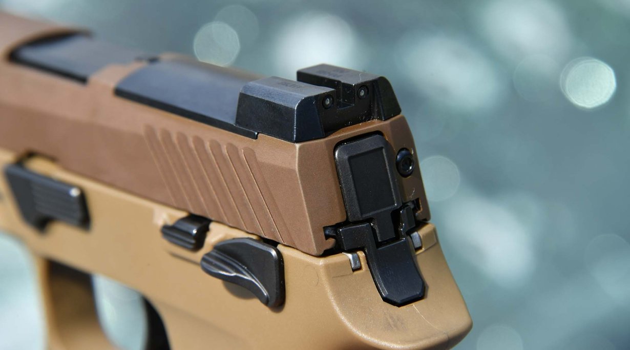 Rear sight of SIG Sauer P320 M17 pistol