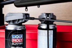Product launch: Silencer cleaner and gun care spray from Liqui Moly's Guntec series. Liqui Moly Guntec gun care spray, spray tube and spray head