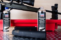 Product launch: Silencer cleaner and gun care spray from Liqui Moly's Guntec series. Liqui Moly Guntec silencer cleaner with silencer and hunting rifle