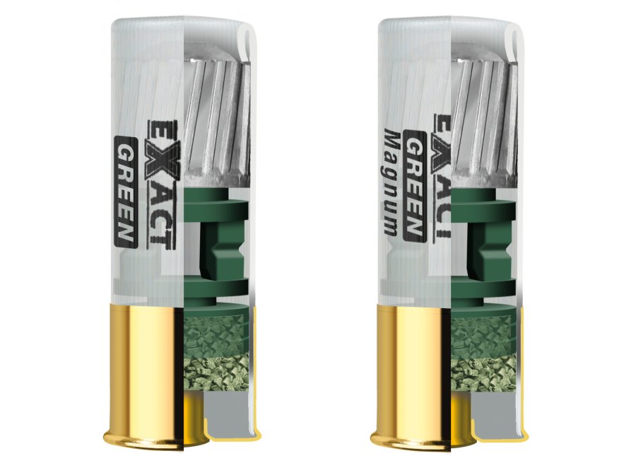 Rottweil Extra Line - Exact Green: a new lead-free slug for hunting Two lead-free Rottweil Extra Line Exact Green shotgun cartridges in normal and magnum processing
