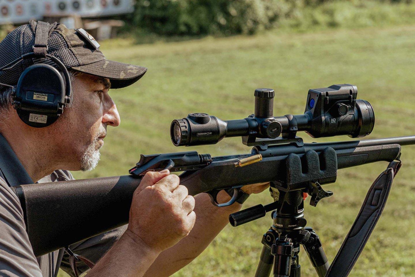 The new Pulsar Thermion 2 LRF LF60 thermal imaging riflescope mounted on a Blaser.