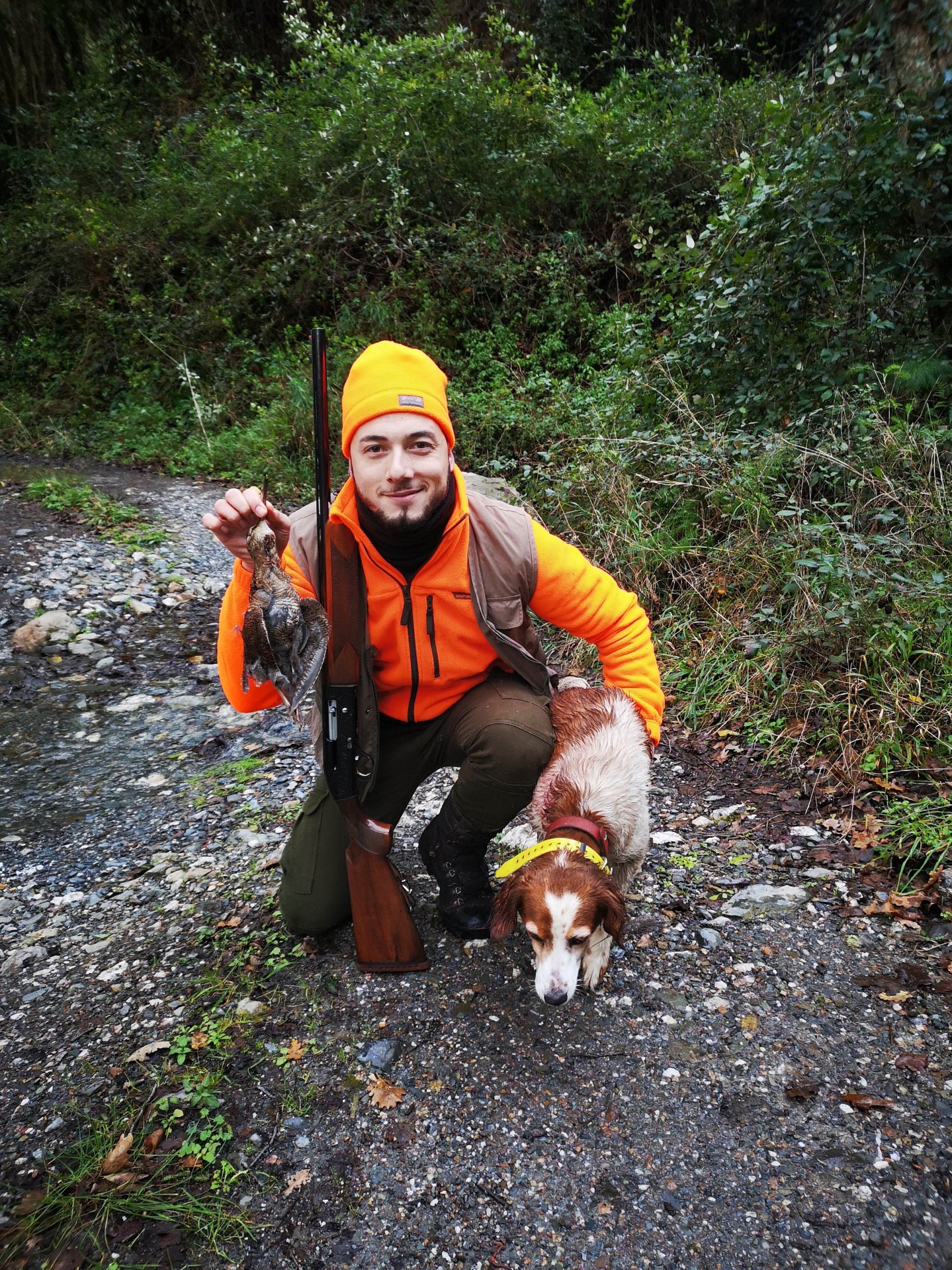 Dino La Malfa with a Beretta semiauto and woodcock Brittany hunting dog in Siciliy