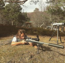 Lady who stalks from Scotland Julie Rutherford at rifle range with Sako 270 Swarovski scope.