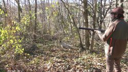 Woodcock hunting: winter challenge Hunter with dog in the woods